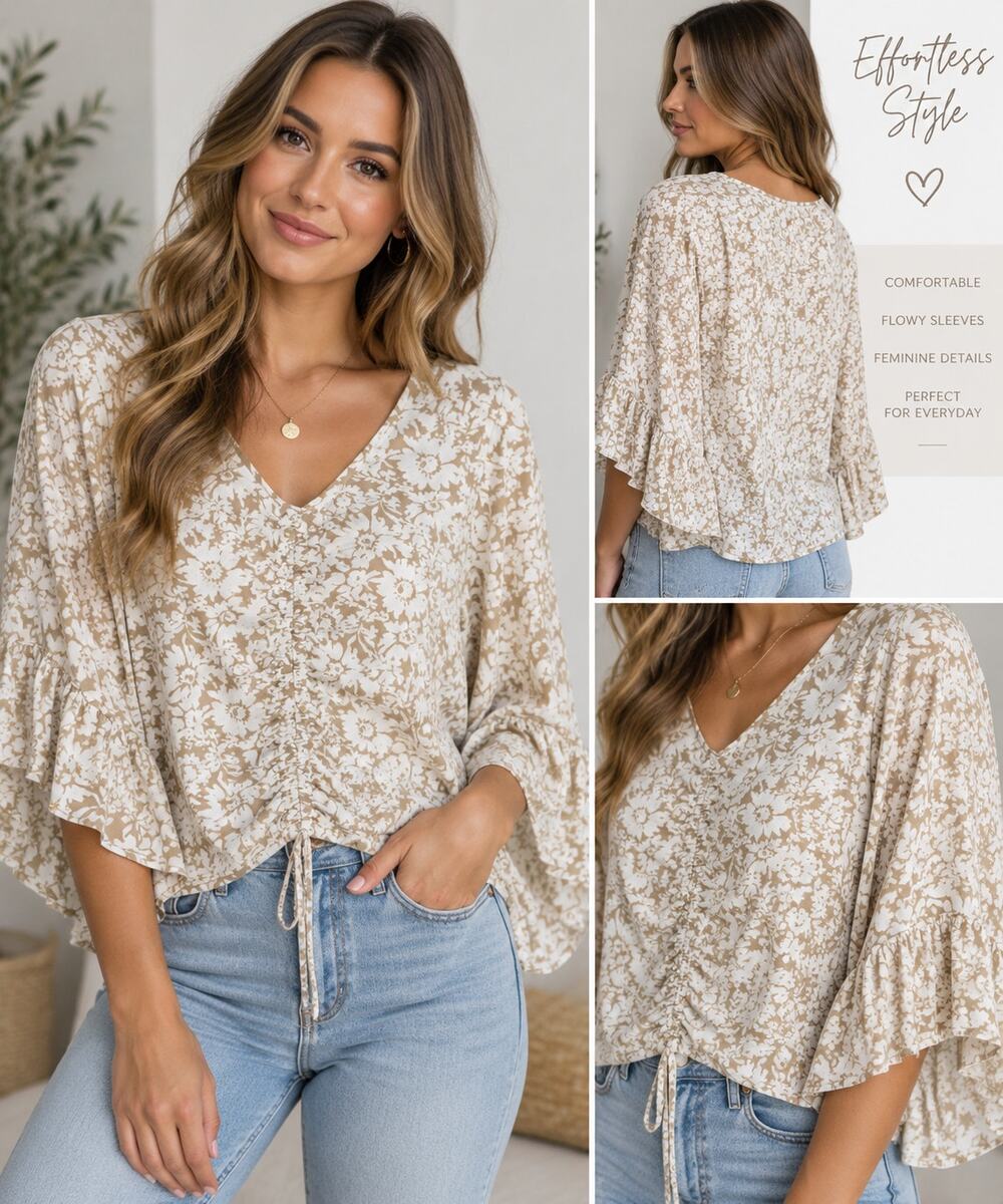 Willow & Root Floral Ruffle Sleeve Ruched Tie Front Boho Top M